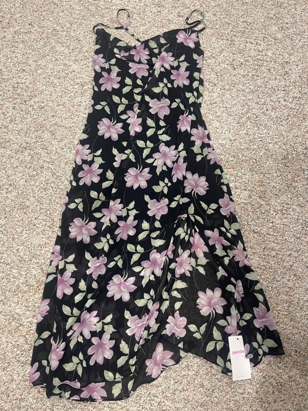 Floral Midi Slip Dress in Black with Lilac Flowers